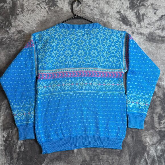 Stowe Woolens Large Pullover Geometric Sweater Crewneck Blue USA Hand Crafted - Picture 7 of 7